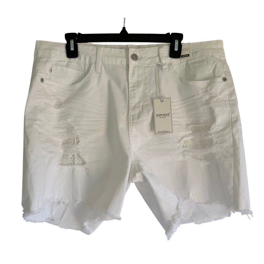 Judy Blue White Distressed Eyelet Lace Raw Hem Denim Shorts 2XL JB150041